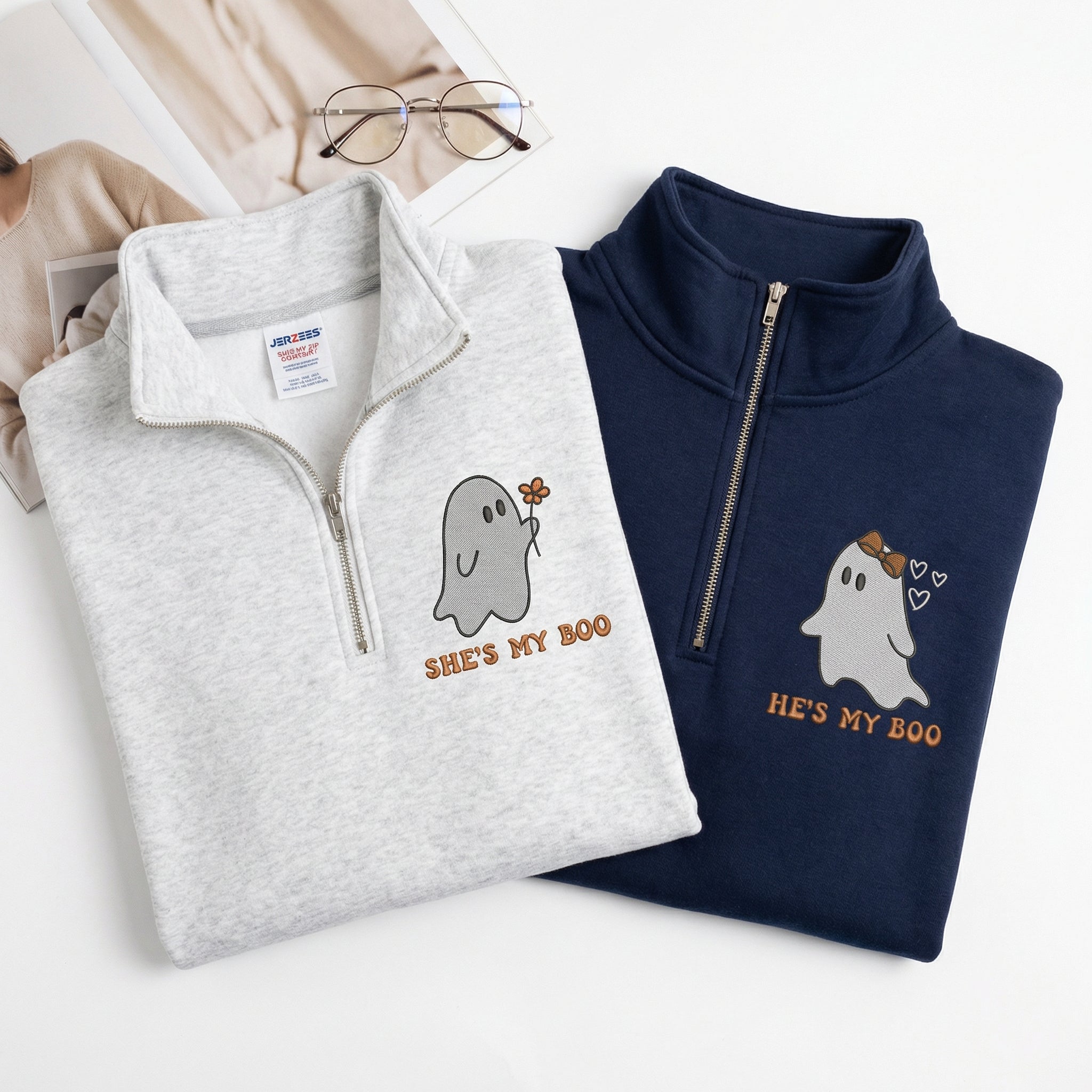 Custom Embroidered He's My Boo She's My Boo Halloween Quarter Zip Sweatshirts & Full-Zip Hoodie for Couples