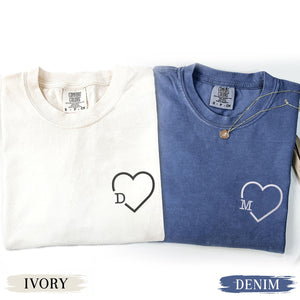 Custom Embroidered Heart Initials Matching T-shirts for Couples