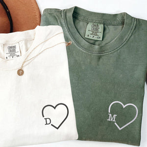 Custom Embroidered Heart Initials Matching T-shirts for Couples