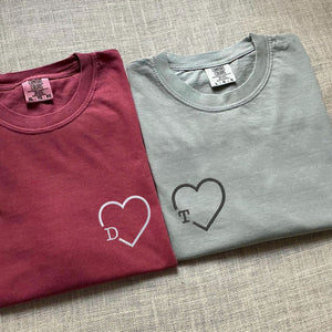 Custom Embroidered Heart Initials Matching T-shirts for Couples