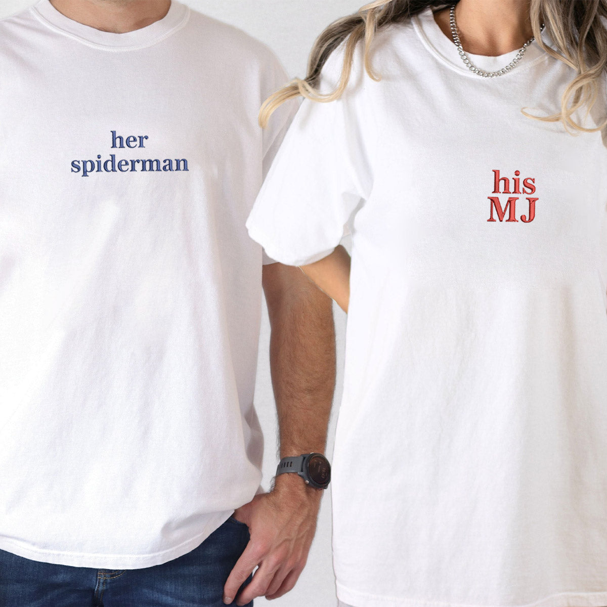 Custom Embroidered Her Spiderman His MJ T-shirts for Couples