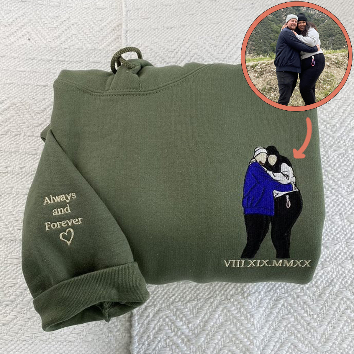Custom Embroidered Sweatshirts For Couples, Custom Embroidered Portrait Photo Date On Sleeve Matching Couple Embroidered Sweatshirt Hoodie