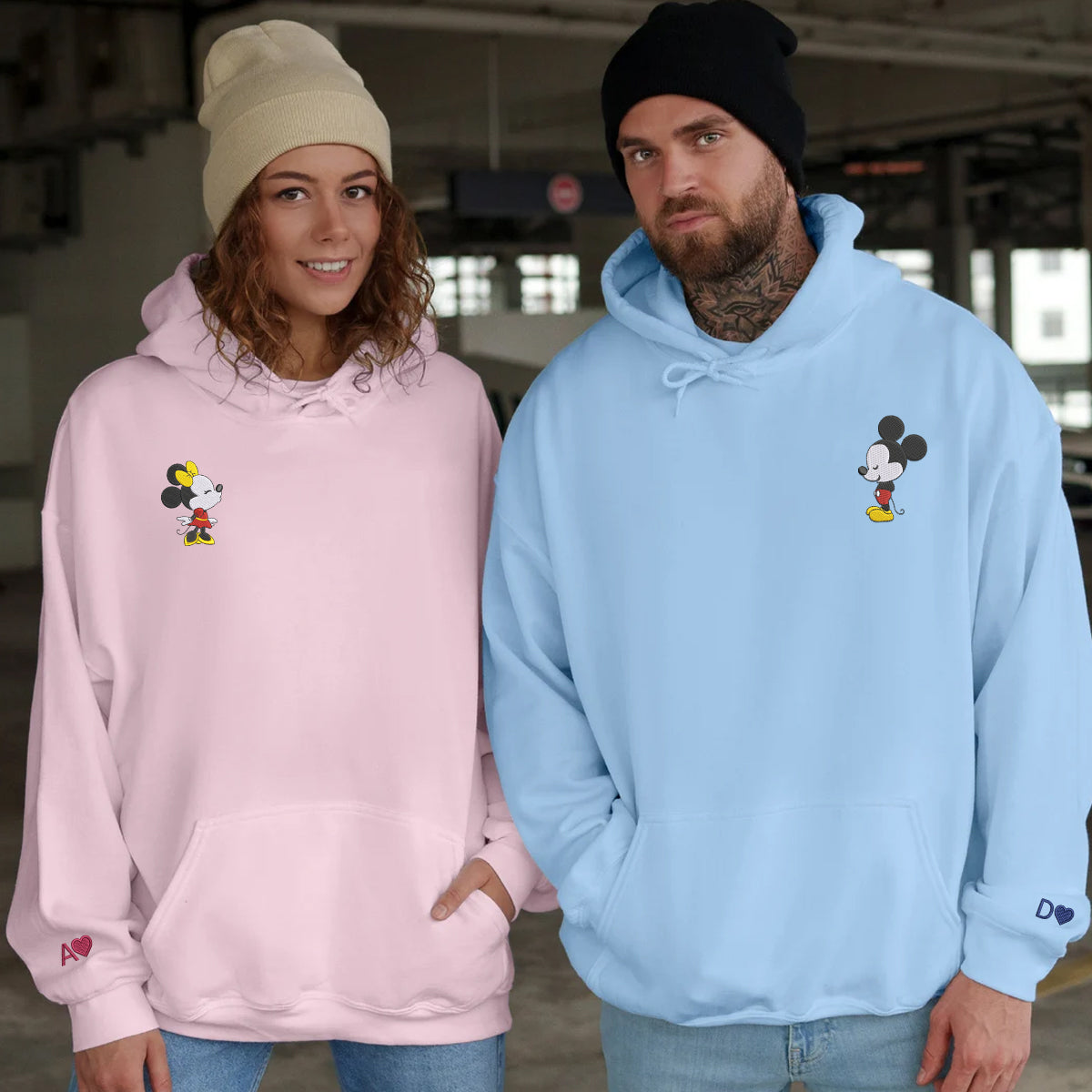 Custom Embroidered Hoodies For Couples, Custom Matching Couple Hoodie, Cartoon Mouse In Love Couples Embroidered Hoodie