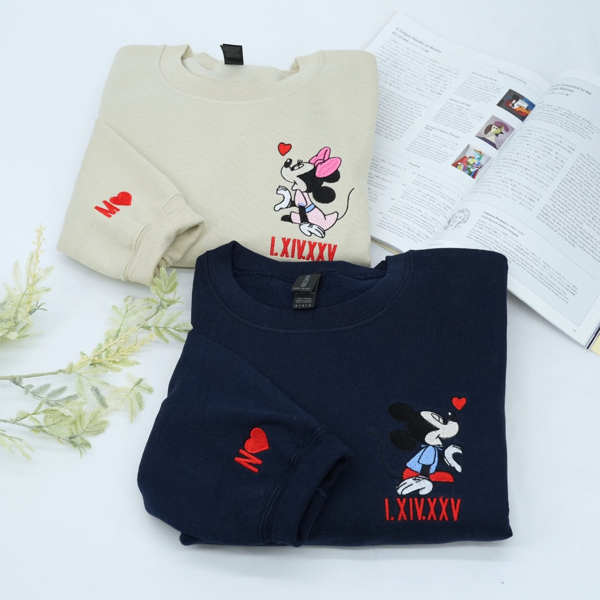 Custom Embroidered Sweatshirts For Couples, Cartoon Mouse Heart Roman Numeral Date Embroidered Matching Couples Sweatshirt