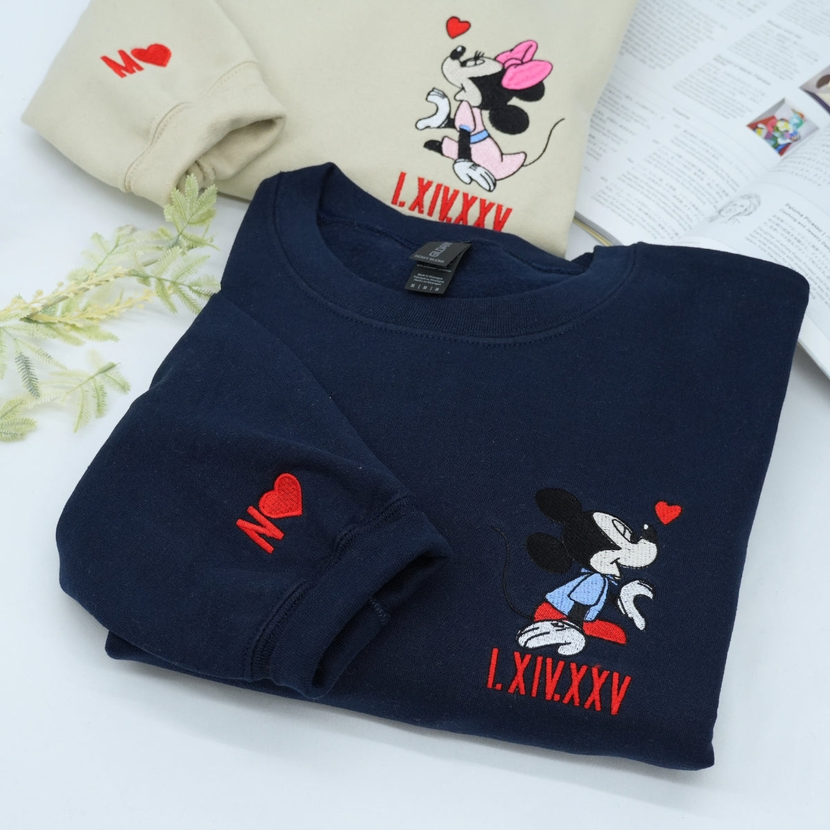 Custom Embroidered Sweatshirts For Couples, Cartoon Mouse Heart Roman Numeral Date Embroidered Matching Couples Sweatshirt