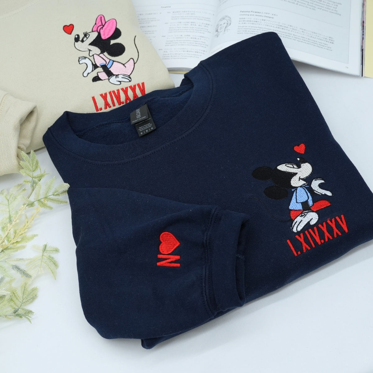 Custom Embroidered Sweatshirts For Couples, Cartoon Mouse Heart Roman Numeral Date Embroidered Matching Couples Sweatshirt