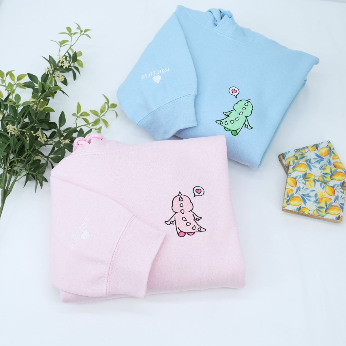 Custom Embroidered Halloween Hoodies For Couples, Custom Embroidered Funny Cartoon Dinosaur Anniversary Date Matching Couples Embroidered Hoodies