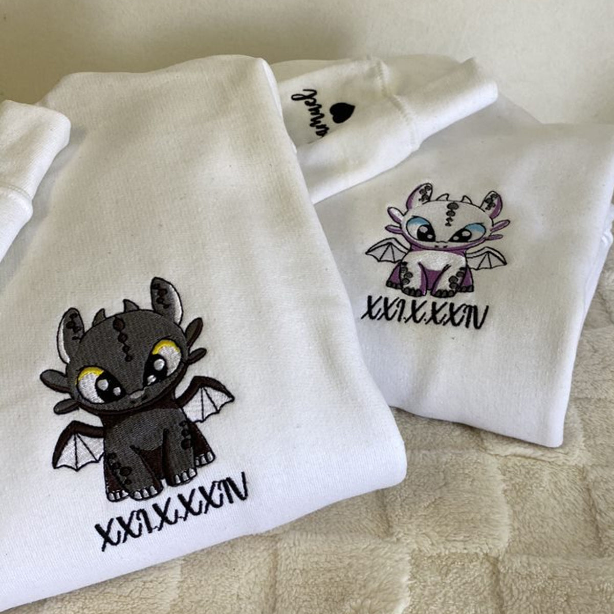 Custom Embroidered Sweatshirts For Couples, Matching Sweatshirts For Couples, Dragon's Lovely Characters Couples Embroidery Sweatshirt