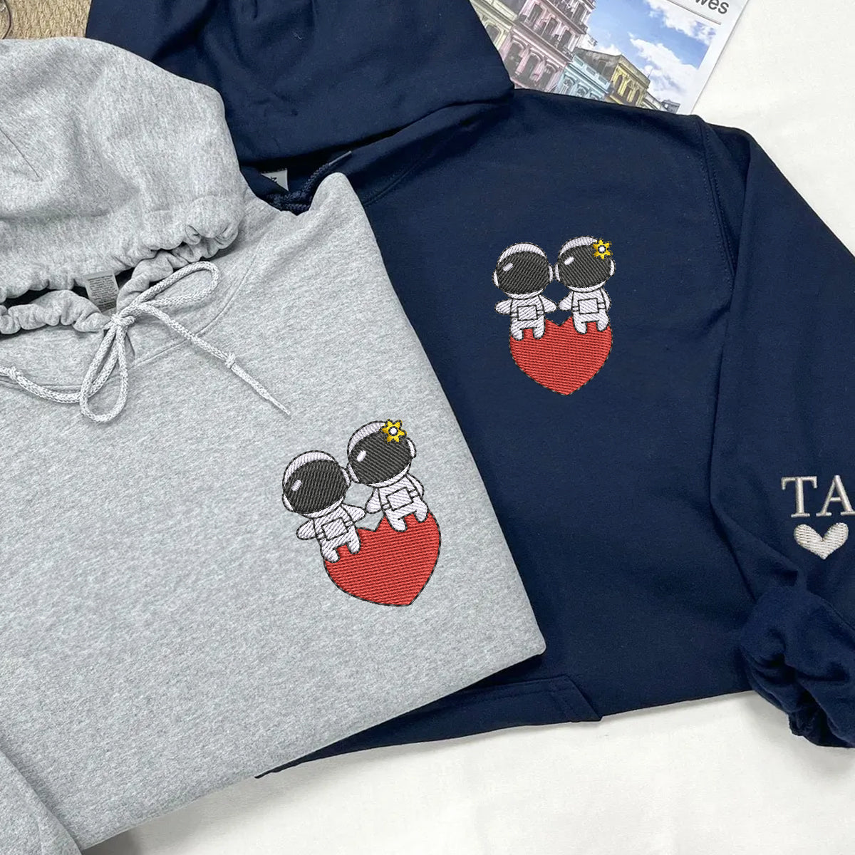 Custom Embroidered Hoodies For Couples, Cute Astronaut Couples Embroidered Hoodie