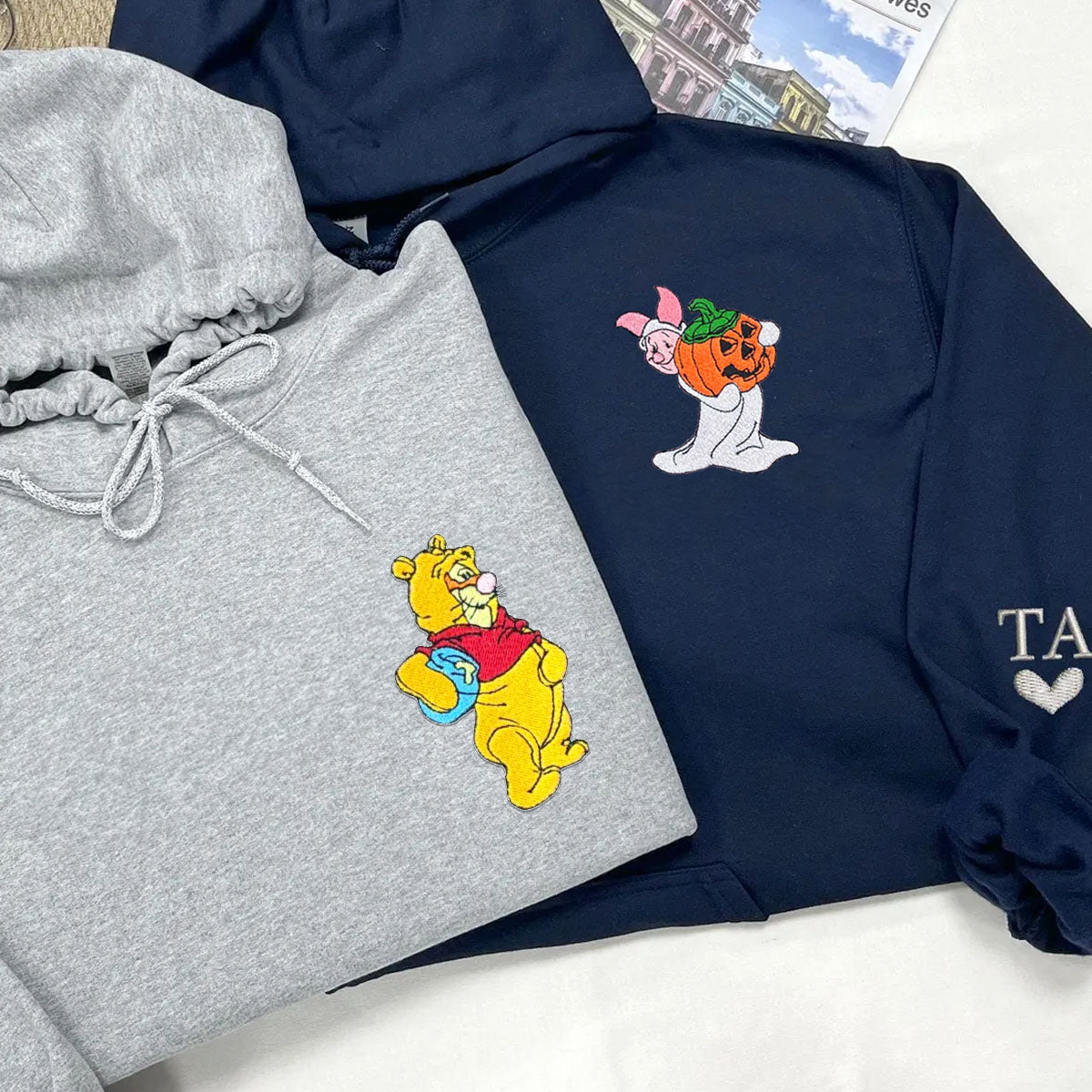 Custom Embroidered Hoodies For Couples, Cute Bear and Pig Halloween Couples Embroidered Hoodie