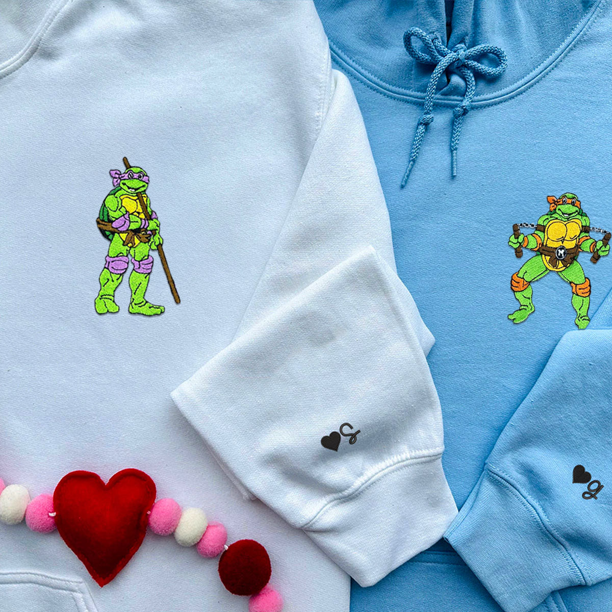 Custom Embroidered Hoodies & Sweatshirts for Couples, Cute Ninja-Inspired Turtle Matching Set V3