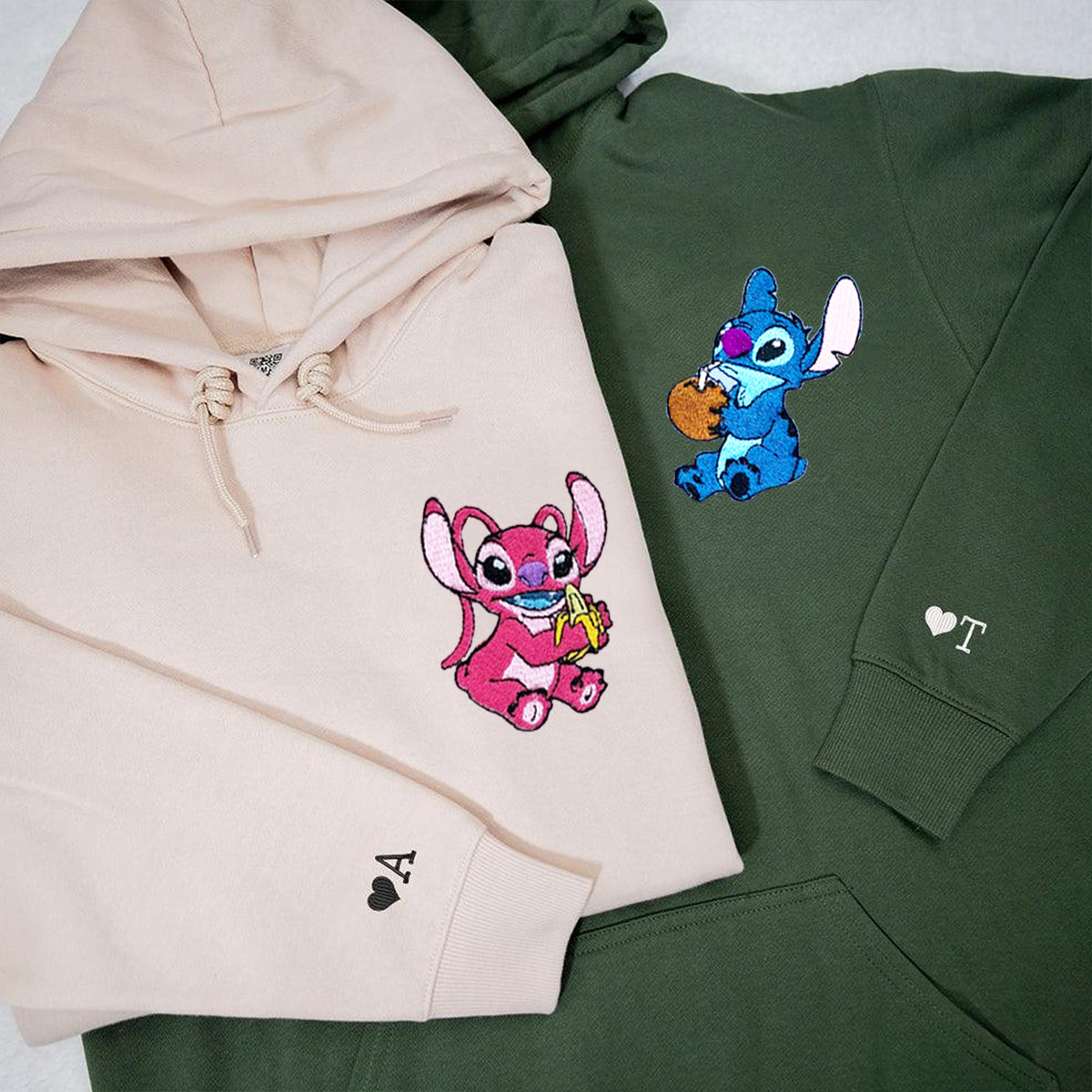 Custom Embroidered Hoodies & Sweatshirts for Couples with Initials, Adorable Space Creature Couple Embroidery Set