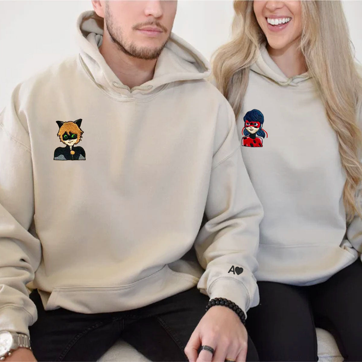 Custom Embroidered Hoodies & Sweatshirts for Couples with Initials, Charming Superhero-Inspired Couple Design