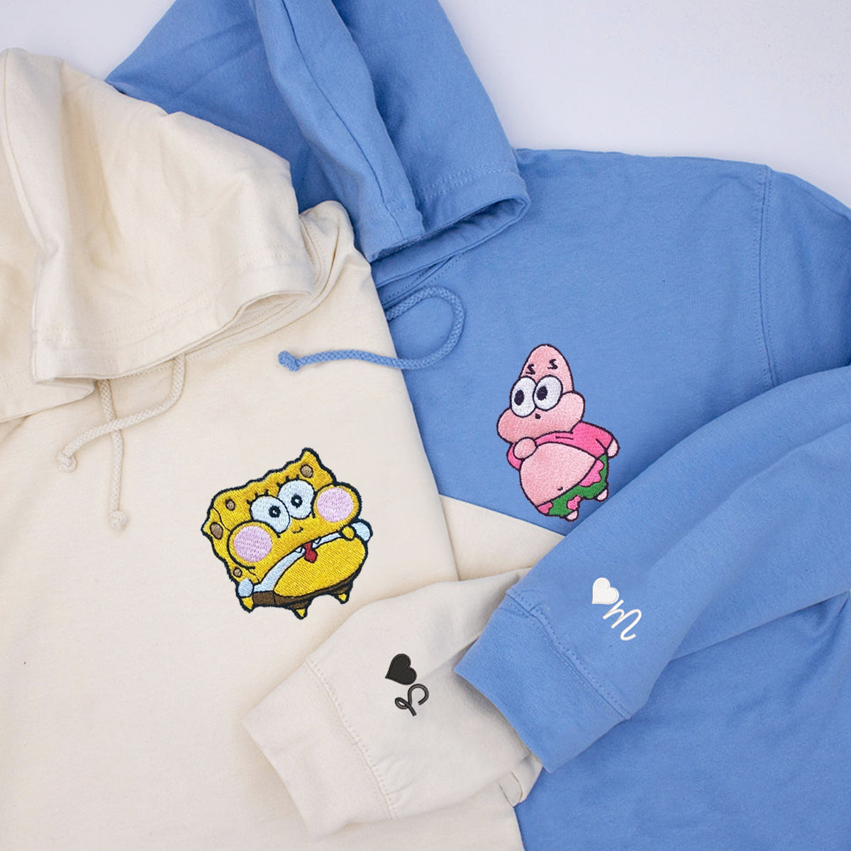 Custom Embroidered Hoodies & Sweatshirts for Couples with Initials, Cute Ocean-Inspired Cartoon Character Duo Set V2