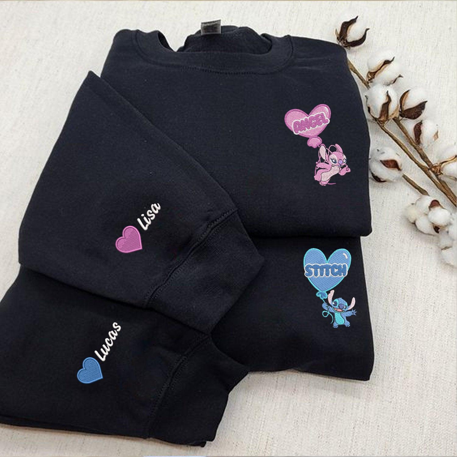 Custom Embroidered Hoodies for Couples, Cute Cartoon Alien Duo Hoodie with Heart Balloons, Matching Hoodie
