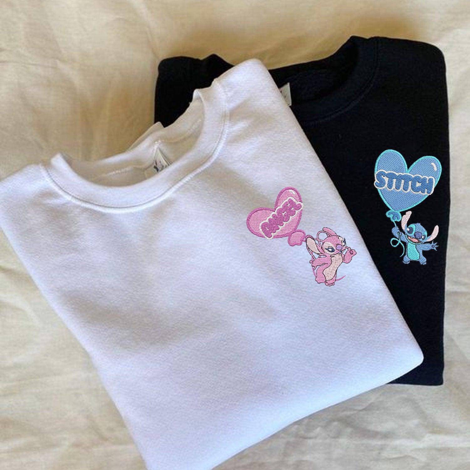 Custom Embroidered Hoodies for Couples, Cute Cartoon Alien Duo Hoodie with Heart Balloons, Matching Hoodie