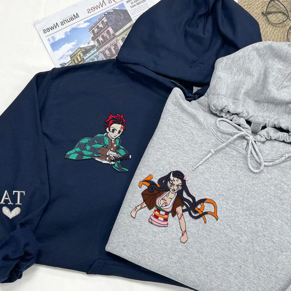 Custom Embroidered Hoodies for Couples, Cute Cartoon Character Couples Embroidered Hoodie