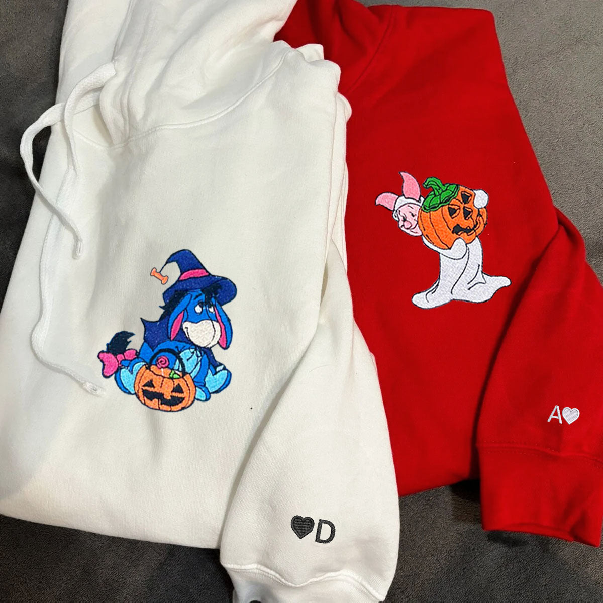 Custom Embroidered Hoodies for Couples, Cute Donkey & Pig Halloween Couples Embroidered Hoodie