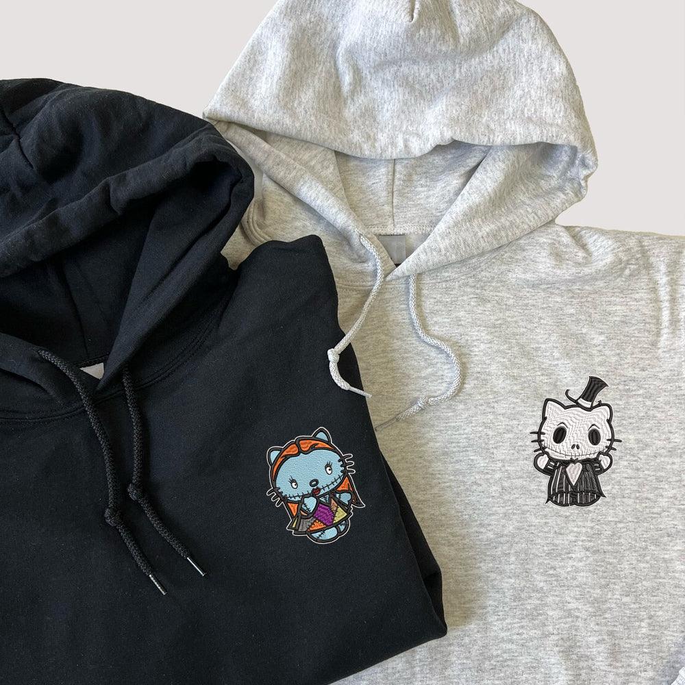 Custom Embroidered Hoodies for Couples, Cute Gothic Cat Duo Hoodie, Matching Couple Outfit
