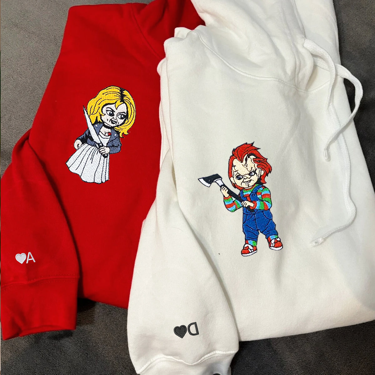 Custom Embroidered Hoodies for Couples, Horror Doll Duo Halloween Hoodie