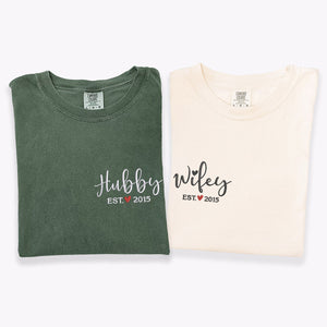 Custom Embroidered Hubby and Wifey Matching T-shirts for Couples