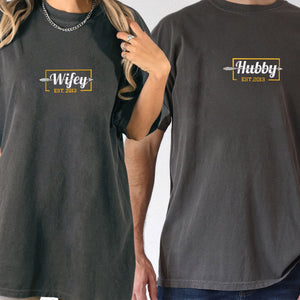 Custom Embroidered Hubby and Wifey Matching T-shirts for Couples