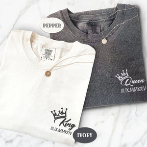 Custom Embroidered King x Queen Crown Roman Numeral Matching T-shirts for Couples