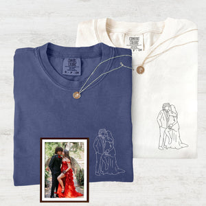 Custom Embroidered Line Art With Pictures Matching T-shirts for Couples