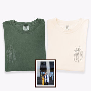 Custom Embroidered Line Art With Pictures Matching T-shirts for Couples