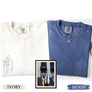 Custom Embroidered Line Art With Pictures Matching T-shirts for Couples