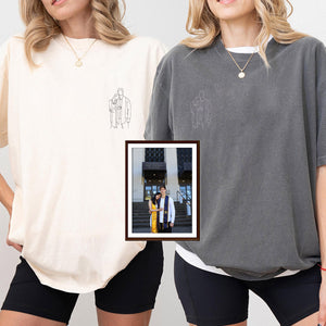 Custom Embroidered Line Art With Pictures Matching T-shirts for Couples