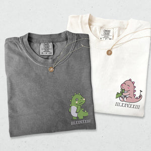 Custom Embroidered Lovely Dinosaur Roman Numeral Matching T-shirts for Couples