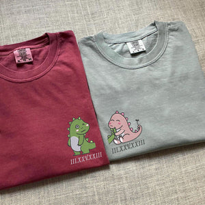 Custom Embroidered Lovely Dinosaur Roman Numeral Matching T-shirts for Couples