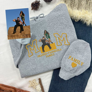 Custom Embroidered Mama Sweatshirt with Kid Name on Sleeve, Family Portrait Hoodie, Christmas Gift For Mom