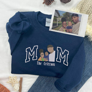 Custom Embroidered Mama Sweatshirt with Kid Name on Sleeve, Family Portrait Hoodie, Christmas Gift For Mom