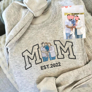 Custom Embroidered Mama Sweatshirt with Kid Name on Sleeve, Family Portrait Hoodie, Christmas Gift For Mom