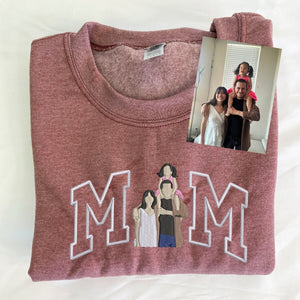 Custom Embroidered Mama Sweatshirt with Kid Name on Sleeve, Family Portrait Hoodie, Christmas Gift For Mom