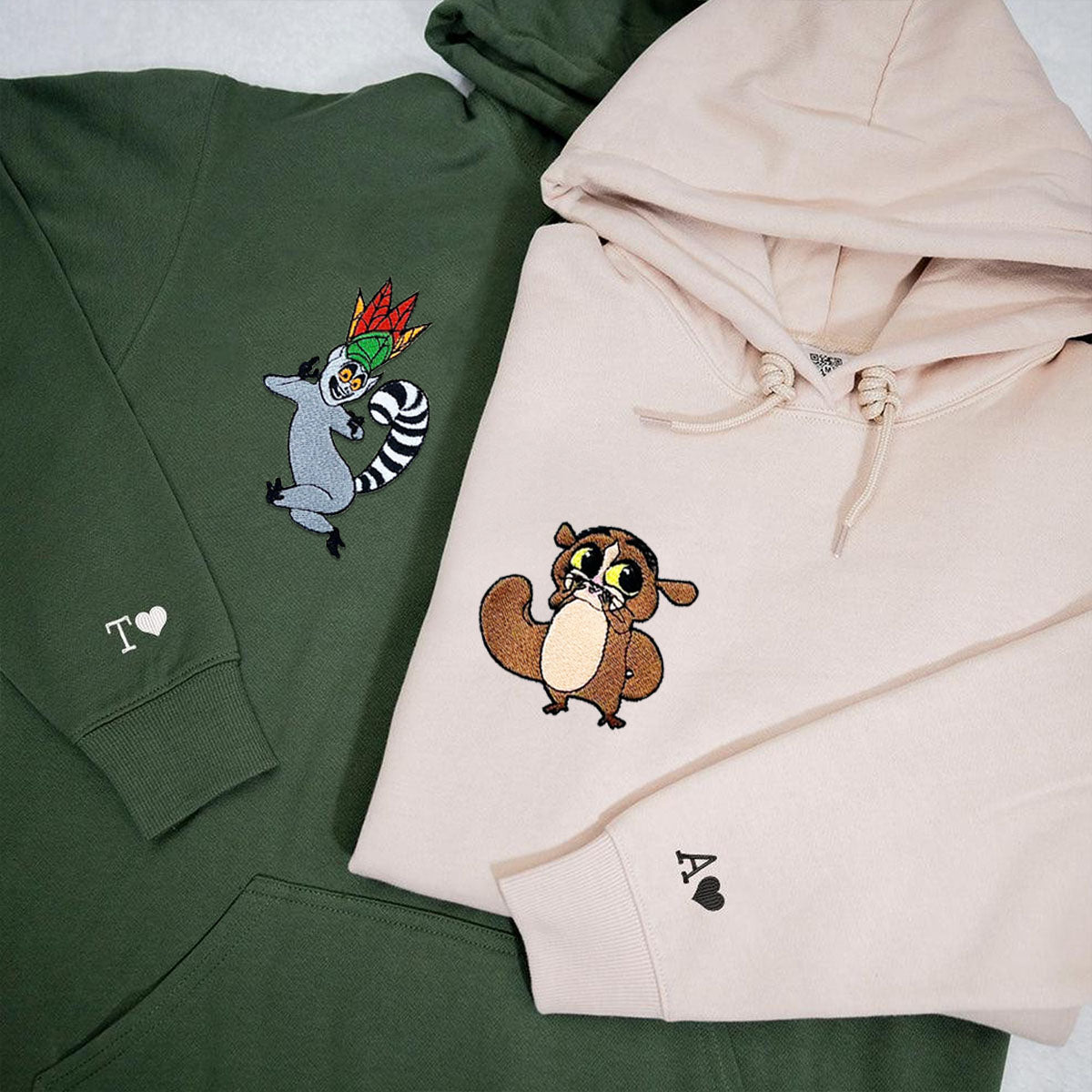 Custom Embroidered Matching Hoodies, Cute Jungle Animal Characters for Couples