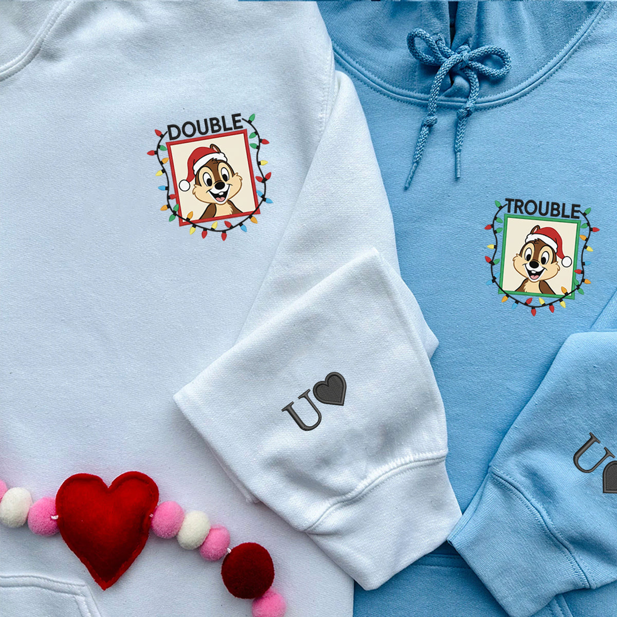 Custom Embroidered Playful Chipmunk Double Trouble Holiday Sweatshirt, Warm Christmas Style Hoodie Matching for Couples