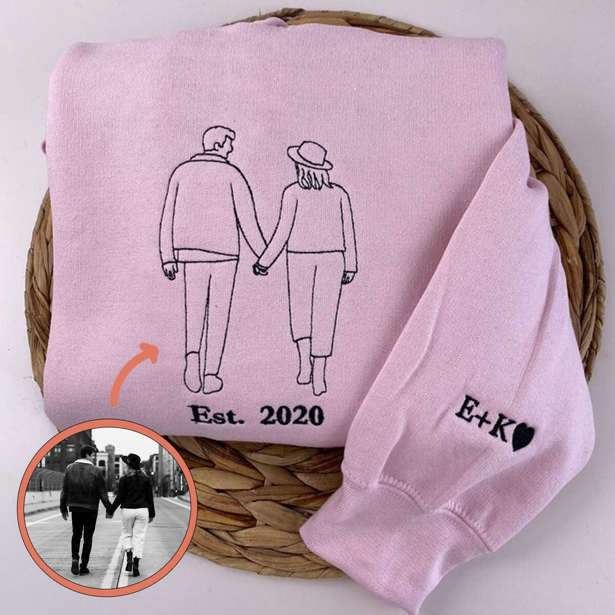 Custom Embroidered Portrait From Photo Anniversary Date Couples Wedding Gift Embroidered Sweatshirt Hoodie