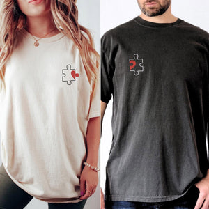 Custom Embroidered Puzzle Heart Matching T-shirts for Couples