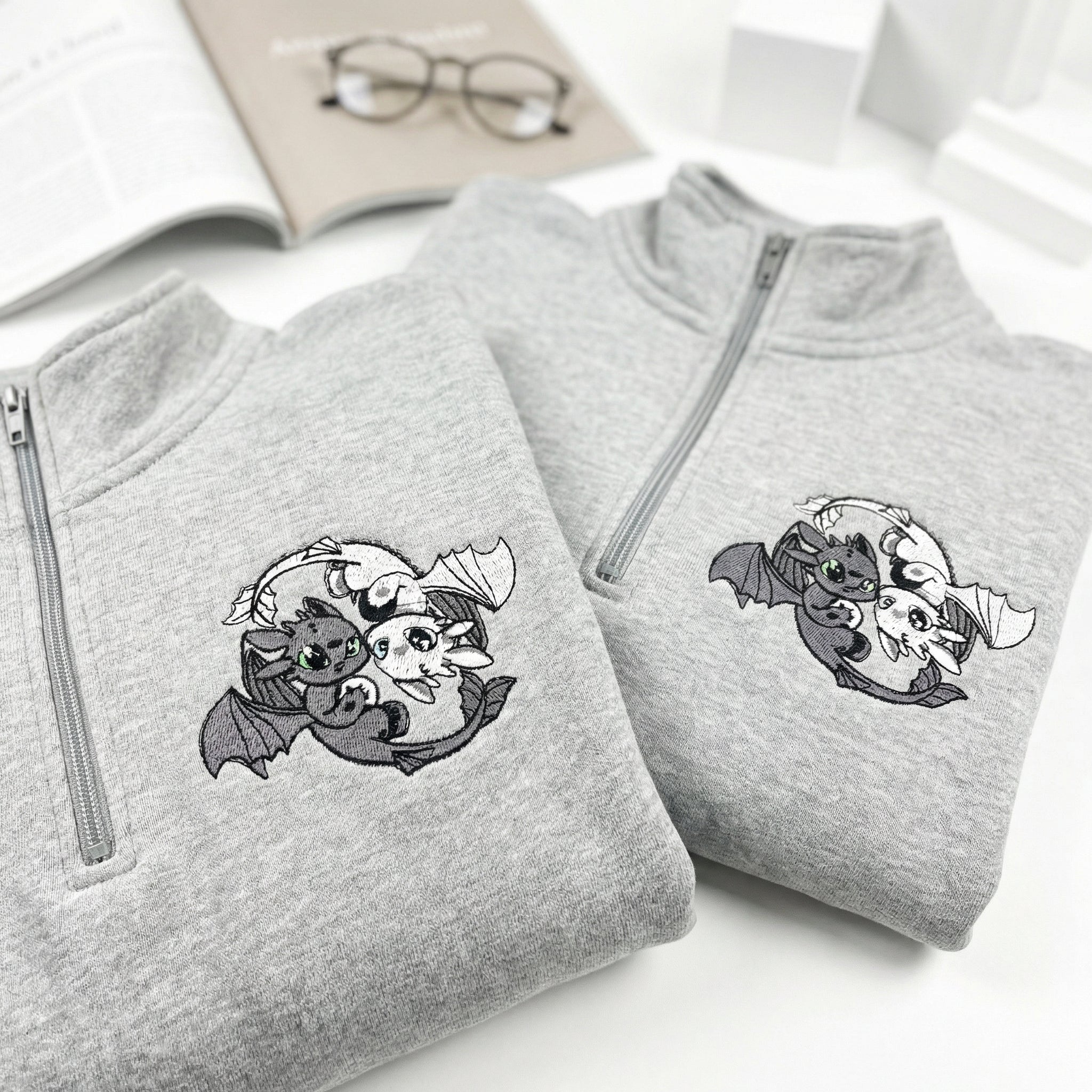 Custom Embroidered Quarter Zip Sweatshirt for Couples - Black Dragon x White Dragon Matching Full-Zip Hoodie