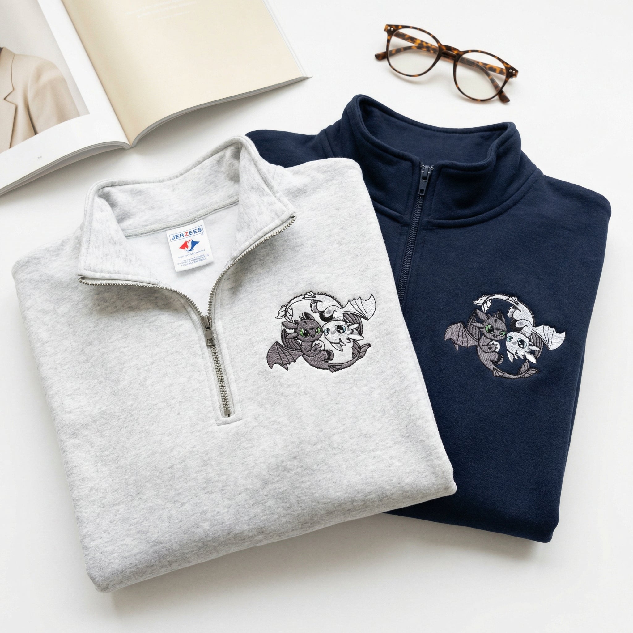 Custom Embroidered Quarter Zip Sweatshirt for Couples - Black Dragon x White Dragon Matching Full-Zip Hoodie