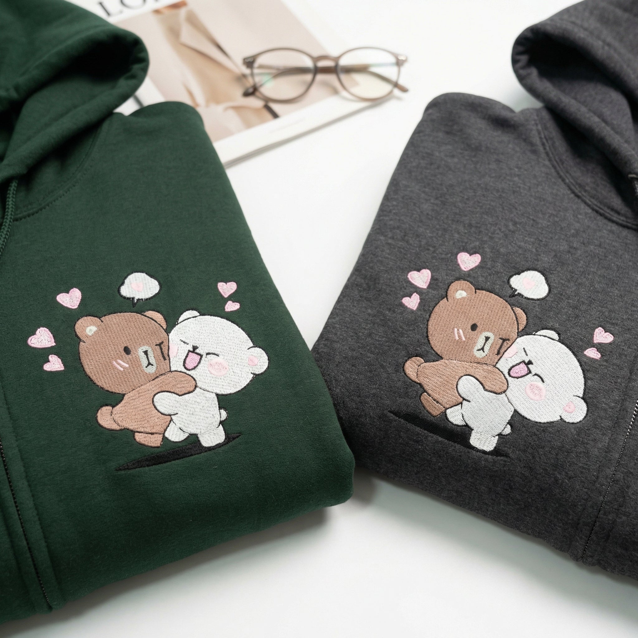Custom Embroidered Quarter Zip Sweatshirt for Couples - Brown & Cream Bears Matching Full-Zip Hoodie