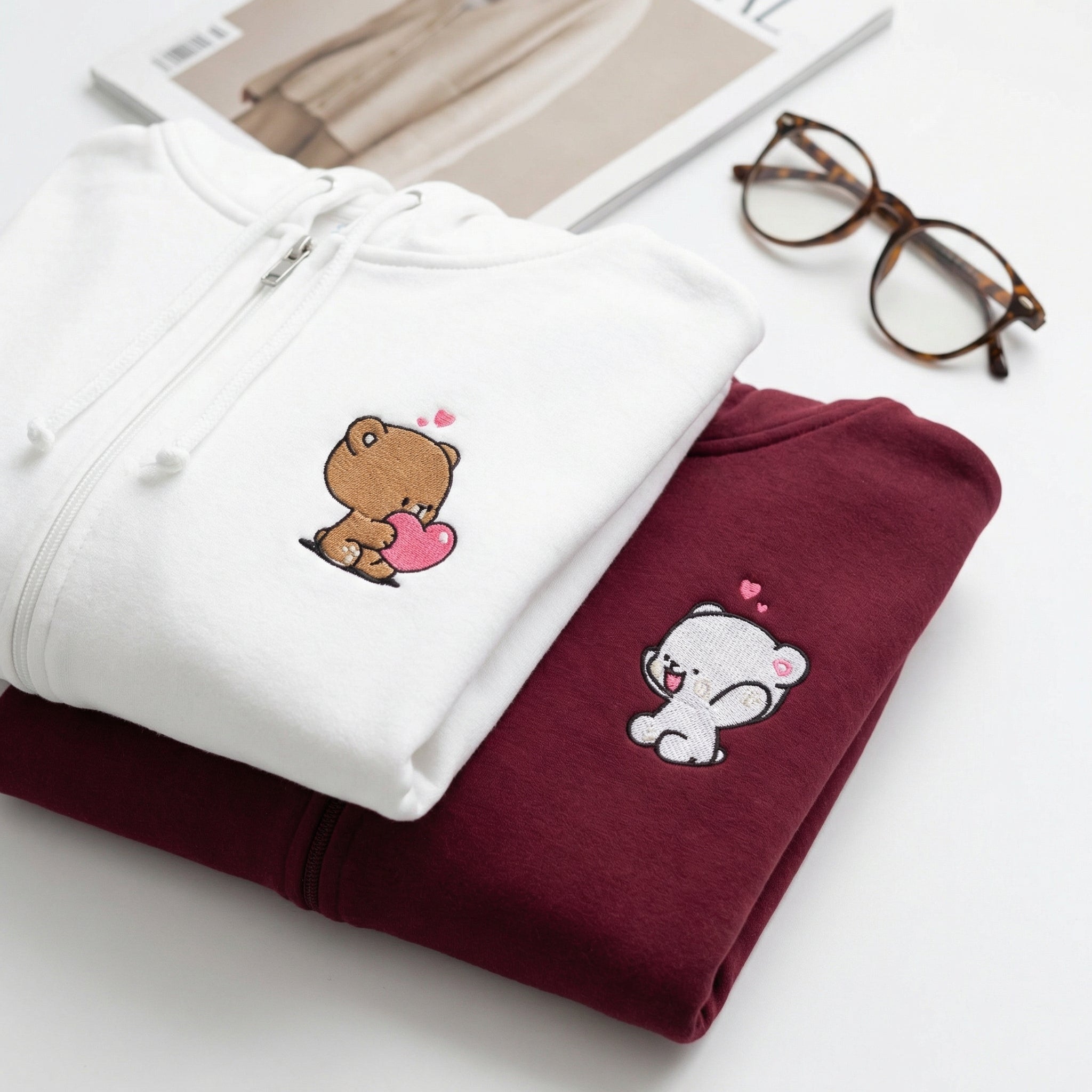 Custom Embroidered Quarter Zip Sweatshirt for Couples - Cute Loving Bears Valentine Hoodie