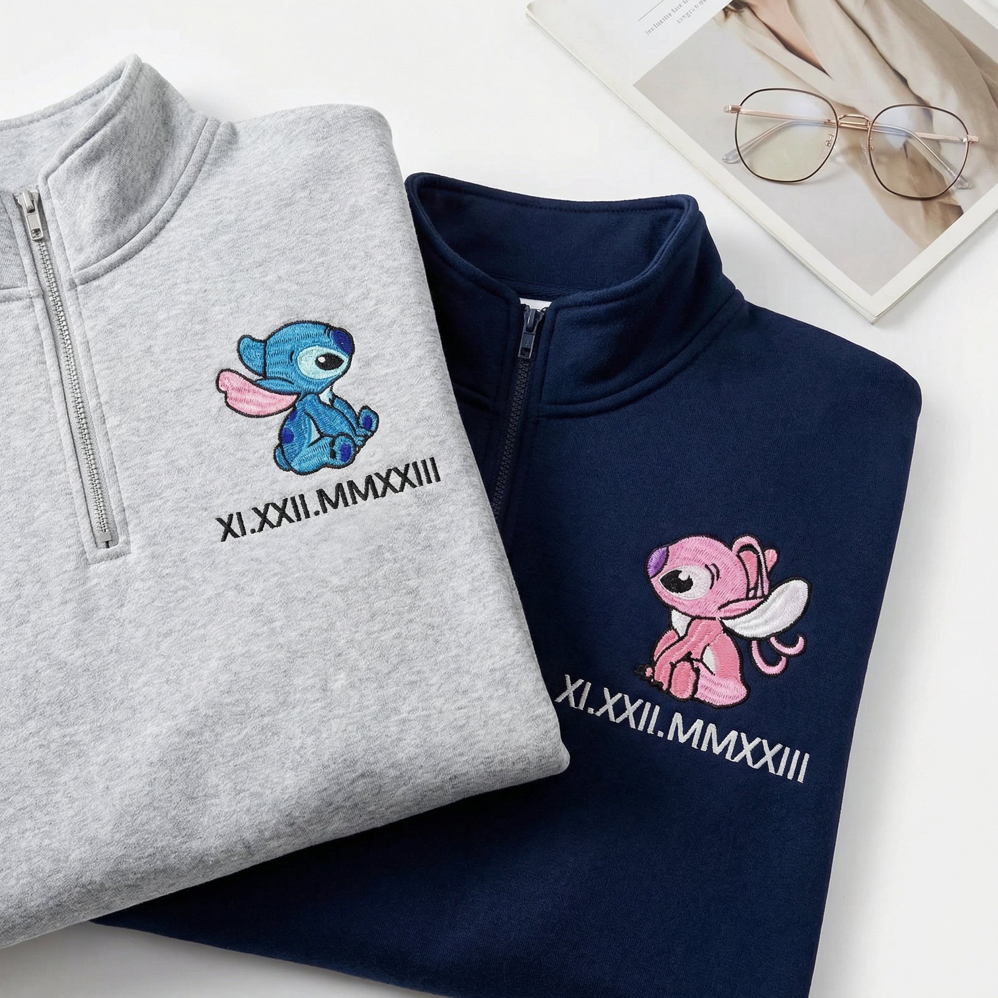 Custom Embroidered Quarter Zip Sweatshirt for Couples - Matching Roman Numeral Date Full-Zip Hoodie