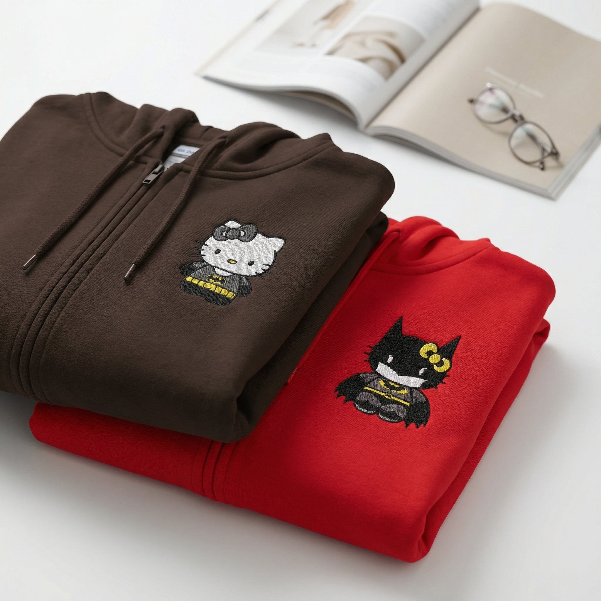 Custom Embroidered Quarter Zip Sweatshirts for Couples - Cartoon Bat & Kitten Matching Full-Zip Hoodie