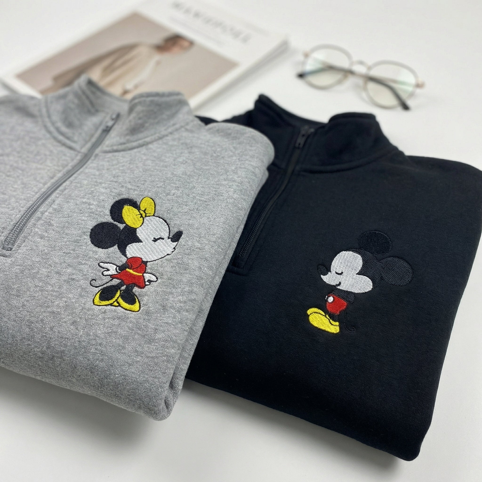 Custom Embroidered Quarter Zip Sweatshirts for Couples - Cartoon Mouse in Love Matching Full-Zip Hoodie