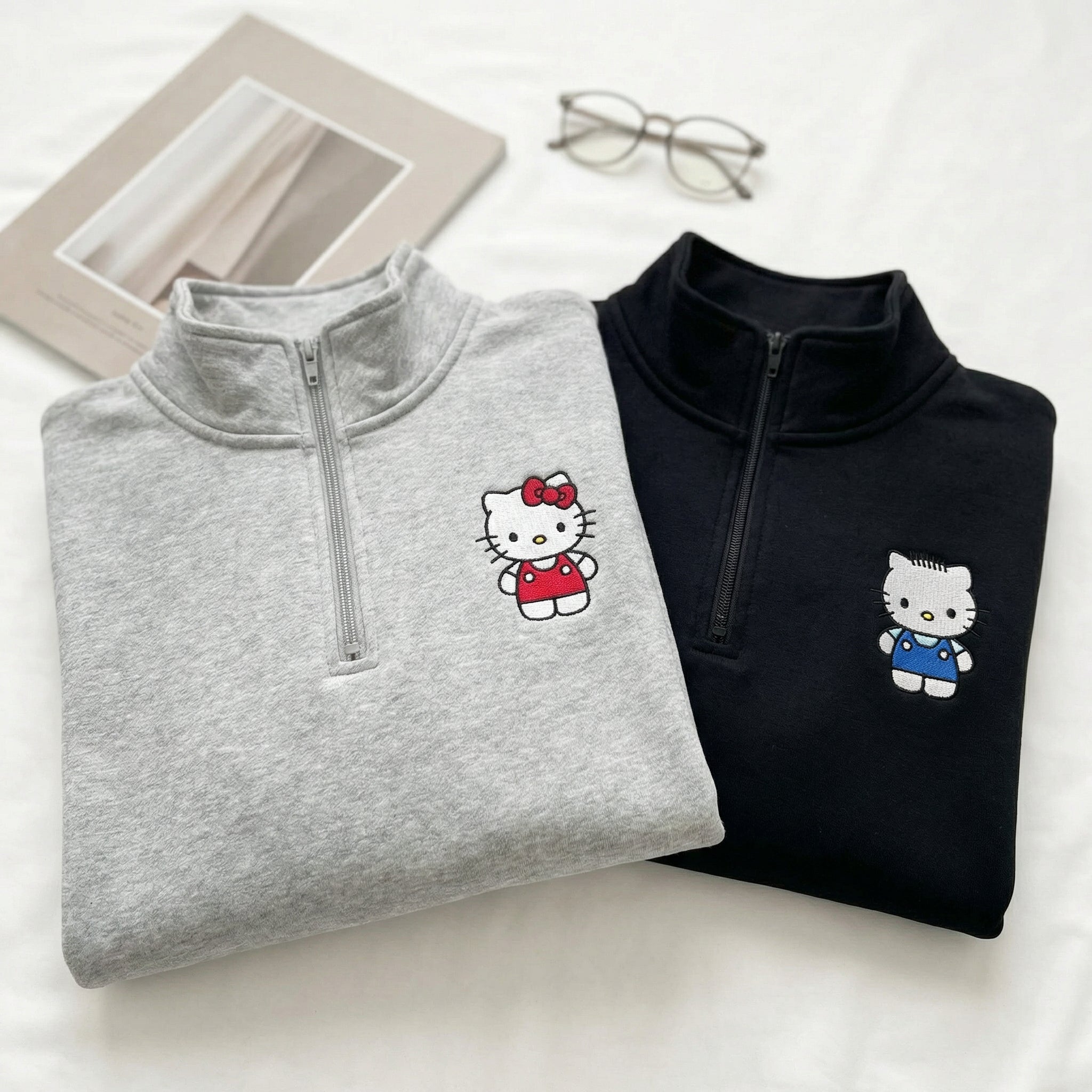 Custom Embroidered Quarter Zip Sweatshirts for Couples - Cute Kitten Matching Full-Zip Hoodie