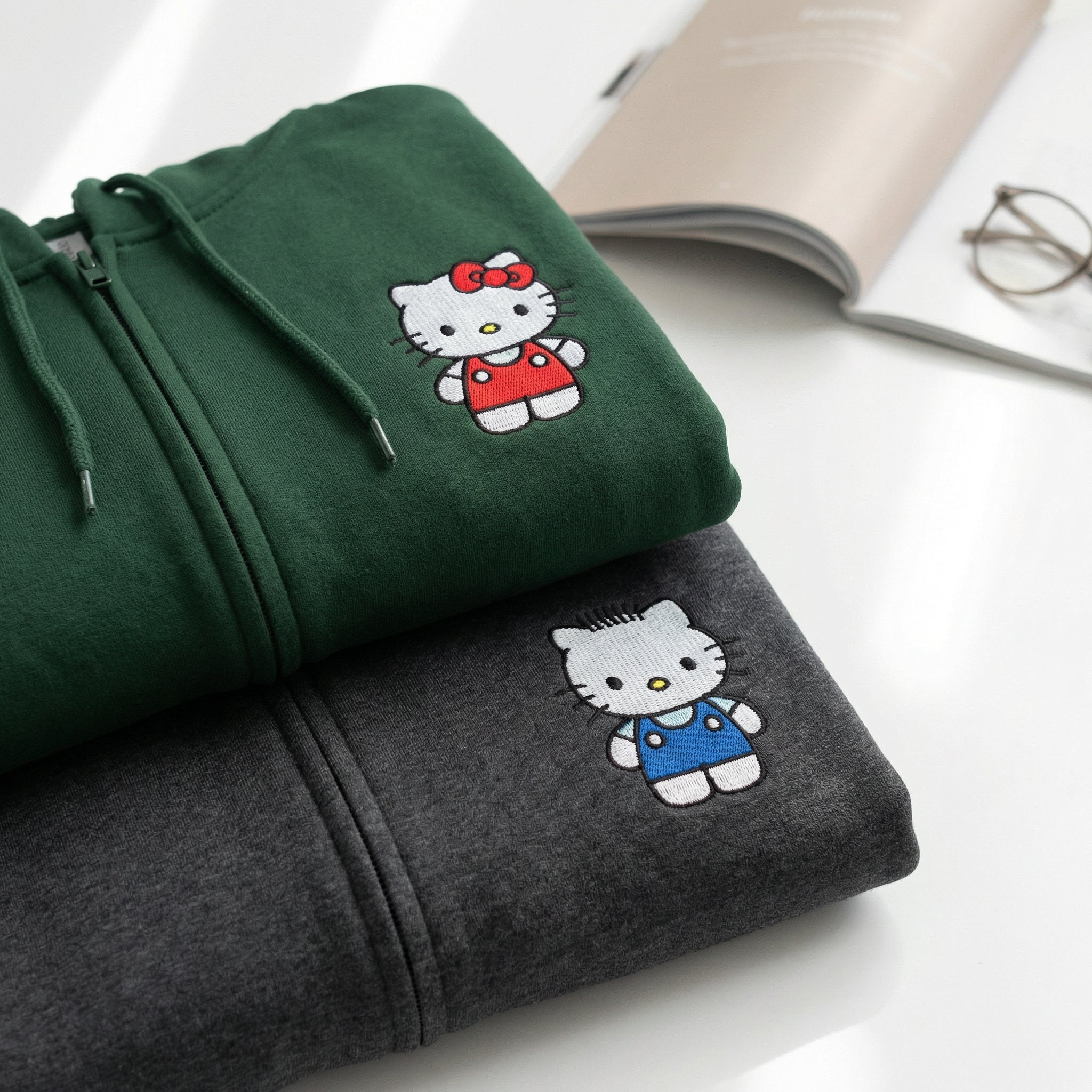 Custom Embroidered Quarter Zip Sweatshirts for Couples - Cute Kitten Matching Full-Zip Hoodie